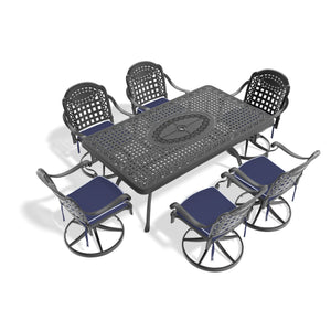 English Elm 7-Piece All-Weather Cast Aluminum Dining Set With 6 Swivel Chairs, Rectangular Table & Cushions W1710S00466