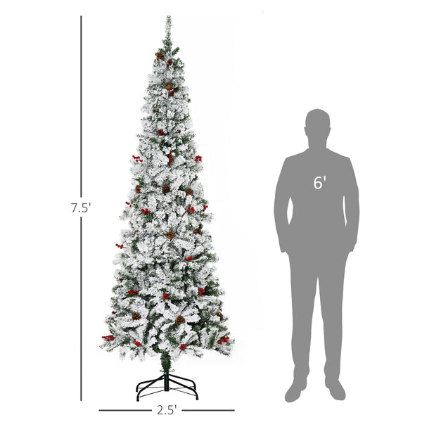 English Elm Homcom 7.5' Snow Flocked Pencil Christmas Tree With 600 Realistic Branches, Pinecones & Berries W2225P229732