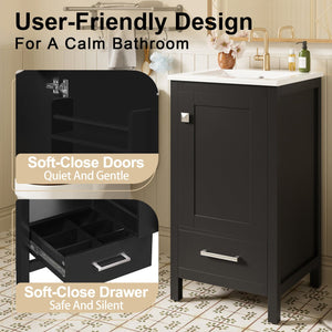 English Elm 18-Inch Modern Bathroom Vanity with Ceramic Sink, Soft-Close Doors, Divider Drawer & Adjusting Feet Black N729P334854B