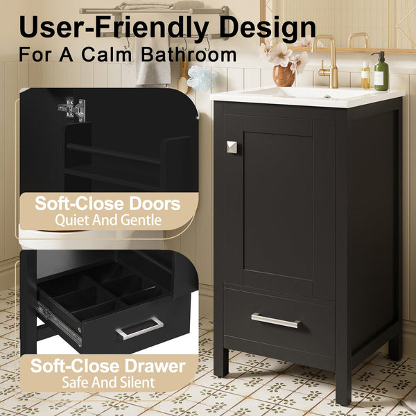 English Elm 18-Inch Modern Bathroom Vanity with Ceramic Sink, Soft-Close Doors, Divider Drawer & Adjusting Feet Black N729P334854B