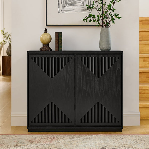English Elm Mid Century Modern V-Shape Storage Cabinet – Stylish Buffet & Sideboard For Small Spaces, Black Finish W1801P362148
