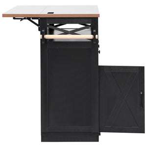 English Elm K&K 46.5'' Farmhouse Kitchen Island Cart with Beaded Drapes, Drop Leaf, Power Hub, Ample Storage Black N707P254872B