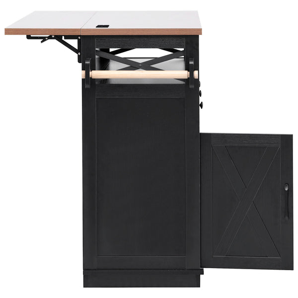 English Elm K&K 46.5'' Farmhouse Kitchen Island Cart with Beaded Drapes, Drop Leaf, Power Hub, Ample Storage Black N707P254872B