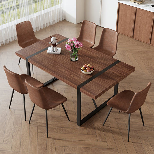 English Elm Table and Chair Set Industrial Walnut Six Seat Dining with Metal Frame Brown Fabric W1151S02436