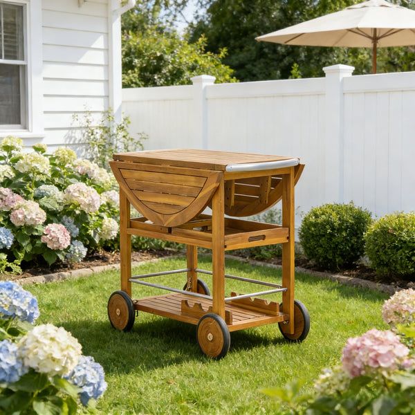 English Elm Outdoor Acacia Wood Rolling Bar Cart with Foldable Top and Removable Serving Trays N779P374686T