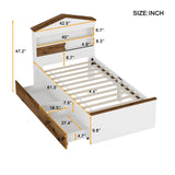 English Elm Twin Size House-Shaped Wooden Bed With Storage Shelf On The Headboard, Built-In Two Storage Drawers, Brown