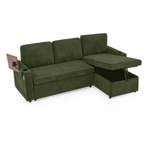 English Elm Modern Chenille Sofa Bed With Retractable Table, Led Lights, Usb Ports & Cup Holders – Green Comfort W1413S00097