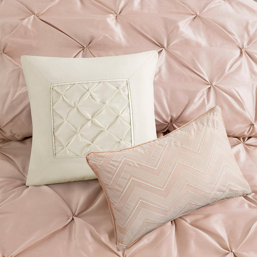 JLA Home Madison Park - 7 Tufted Comforter Set for Luxurious Layered Bedroom Style with Soft Textured Panels, Easy-Care Design Blush MP10-5115