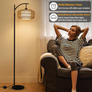 English Elm Arc Floor Lamp - Dimmable Rattan Arc Light With Remote & Led Bulb, Stylish Mid-Century Decor For Any Room W2738P185427