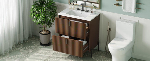 English Elm Christopher Knight Home® - 30" Elegant Freestanding Bathroom Vanity With Glossy Ceramic Sink, Soft-Close Drawers & Fluted Design N817P288931D