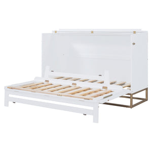 English Elm Murphy Queen Wall Bed with Frosted Glass Cabinet Facade Gold Legs Pine Frame White N820S00028K