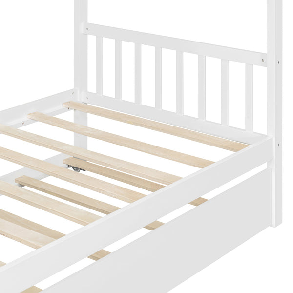 English Elm Twin House Bed Solid Pine Cottage Frame with Pull Out Trundle for Kids Bedroom White N708P309238K