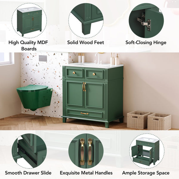 English Elm 30'' Bathroom Vanity with Sink - Retro Solid Wood Frame, Ceramic Basin, Soft-Close Doors & Ample Storage Green N710P190656F