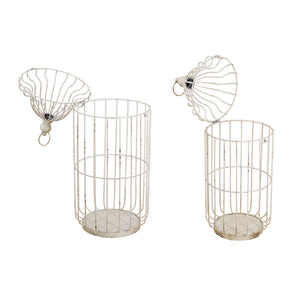 English Elm S/2 Victorian Iron Birdcage Lanterns Whitewashed Finial Tops Farmhouse Candle Holders W2078P495667