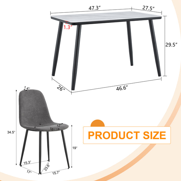 English Elm Table and Chair Set Modern Marble Glass Top with Four Linen Dining Seats W1151S04666