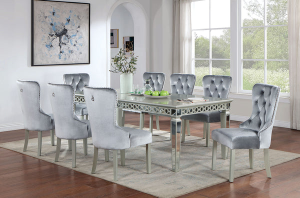 English Elm Silver Glam Mirror Accent Dining Table with Expandable 18" Leaf, Silver-Gray Contemporary 90" B2741P306158