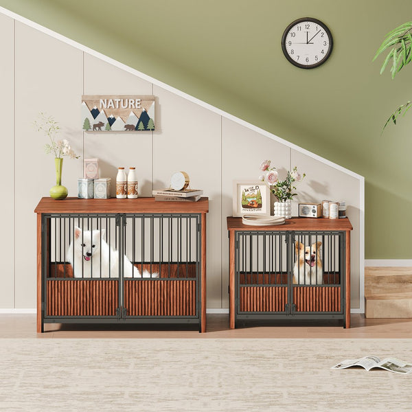 English Elm 31.5'' Walnut Fluted Wood Dog Crate Doubles as End Table for Small Medium Breeds W1820P336033
