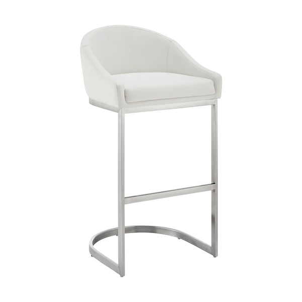 English Elm Zevrin Brushed Stainless Steel Bar Stool with White Faux Leather, Cantilever Base, 400lb Capacity B2736P354389
