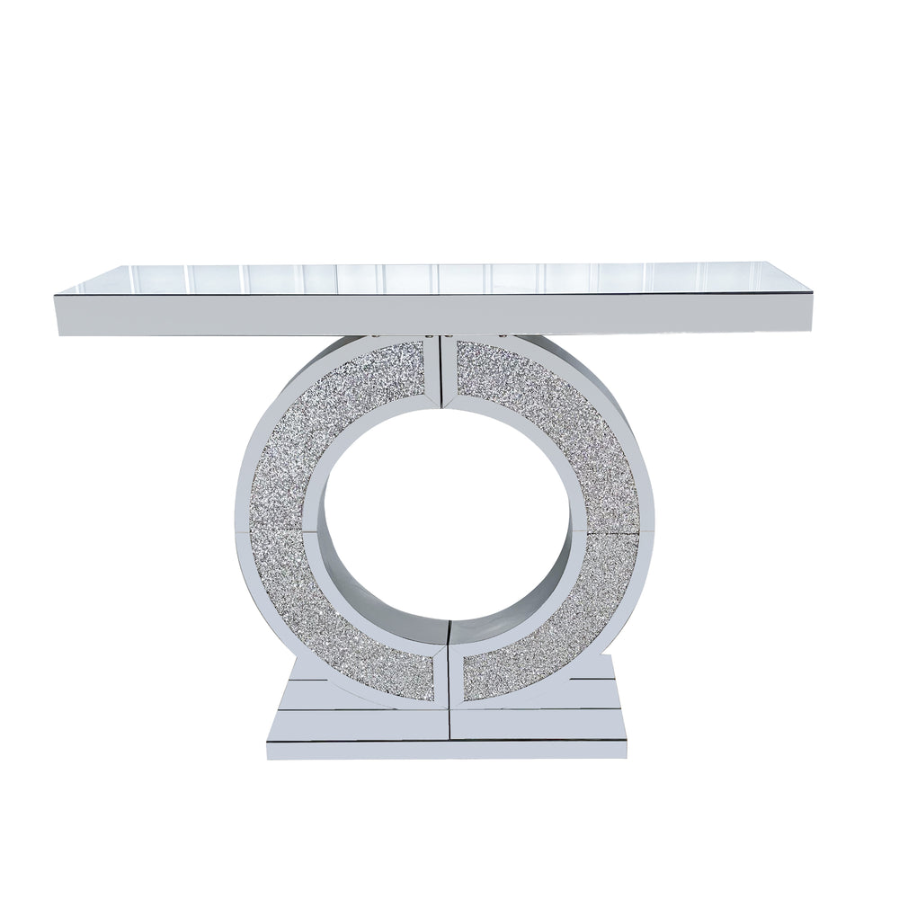 English Elm O O Shaped Mirror Console Table Silver Double-O Crystal Base Glam Hallway Accent Table for Living Room W3836P362144