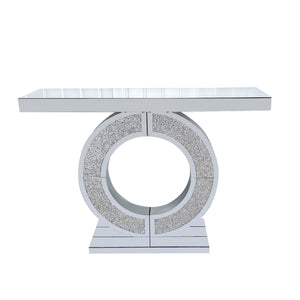 English Elm O O Shaped Mirror Console Table Silver Double-O Crystal Base Glam Hallway Accent Table for Living Room W3836P362144