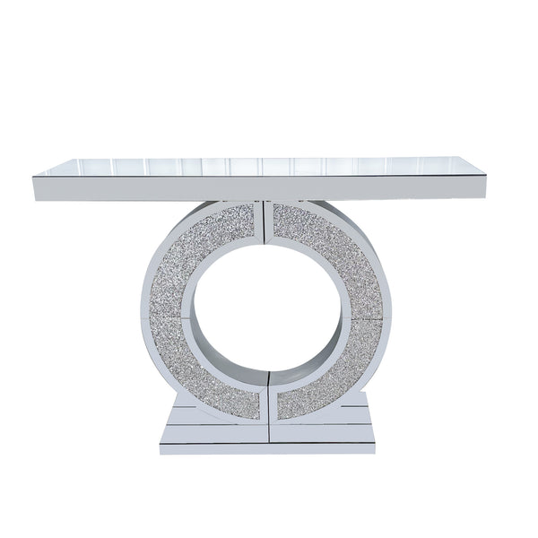 English Elm O O Shaped Mirror Console Table Silver Double-O Crystal Base Glam Hallway Accent Table for Living Room W3836P362144