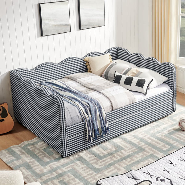 English Elm Full Size Gingham Linen Daybed with Wave Backrest Trundle and Usb Charging Port Navy W1413S00140