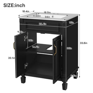 English Elm 24'' Bathroom Vanity with Sink - Solid Wood Frame, Glossy Ceramic Basin, Soft-Close Doors & Ample Storage Elegant Modern Design, Durable MDF Construction, Retro Metal Handles, Compact 24-inch Cabinet Black N710P317675B