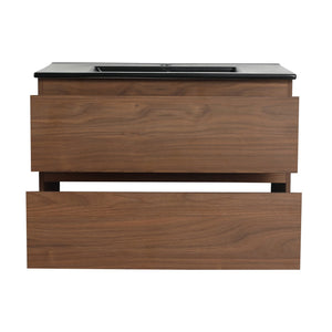 English Elm 30" Wall-Mounted Bathroom Vanity With Black Ceramic Sink & Soft-Close Drawers For Modern Spaces W999S00195
