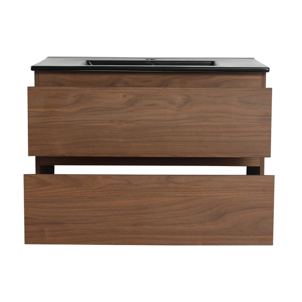 English Elm 30" Wall-Mounted Bathroom Vanity With Black Ceramic Sink & Soft-Close Drawers For Modern Spaces W999S00195