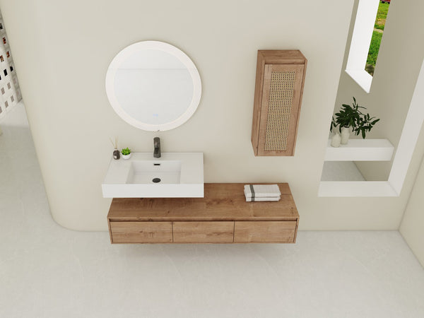 English Elm 60 Inch Wall-Mounted Bathroom Vanity Set With Resin Sink, Soft-Close Drawers & Side Cabinet Storage W999S00357