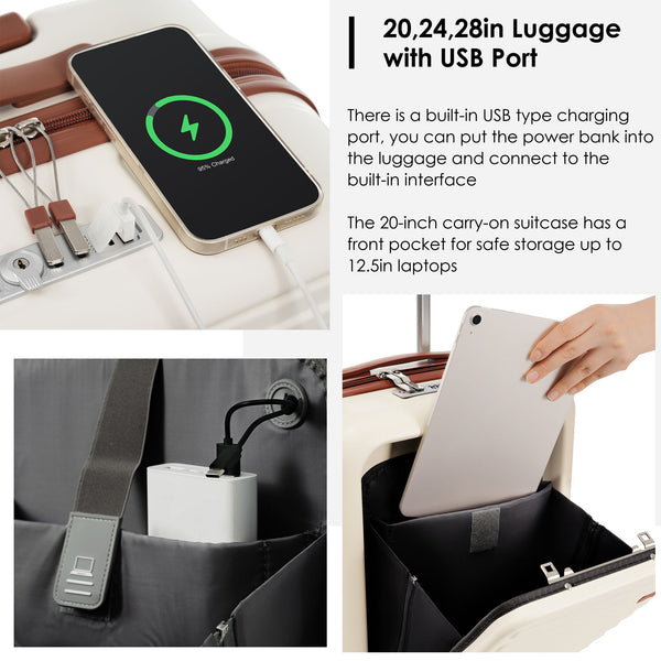 English Elm Front Opening Abs Hard Shell Carry on Set with Usb Port Cup Holder and Spinner Wheels Ivory N726P268998O