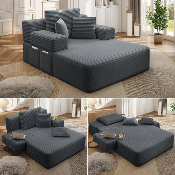 English Elm Luxurious Corduroy Convertible Chaise Lounge Sofa Bed with Foam Support for Apartments Dark Gray W3219P449014