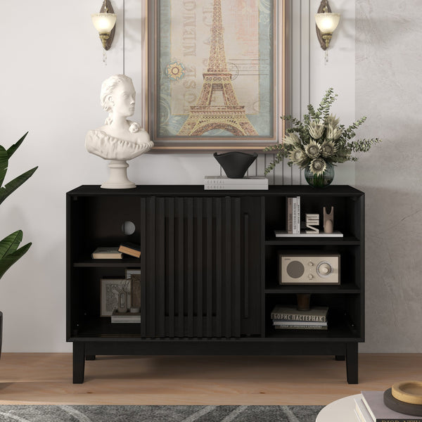 English Elm 47.3" Fluted Farmhouse Sideboard with Solid Wood Feet and Open Shelving for Dining Rooms W1801P428581