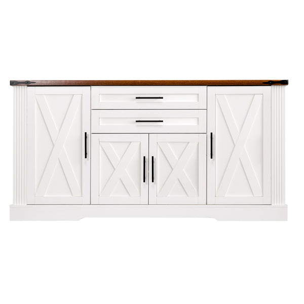 English Elm 63" Fluted Mdf Sideboard with Wood Tone Top Four Doors Three Drawers Dining Storage White W2917S00013