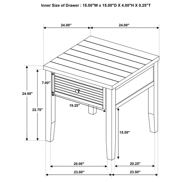 English Elm Sutter Farmhouse Square End Table with Louvered Drawer and Planked Pine Wood Top B062P441045