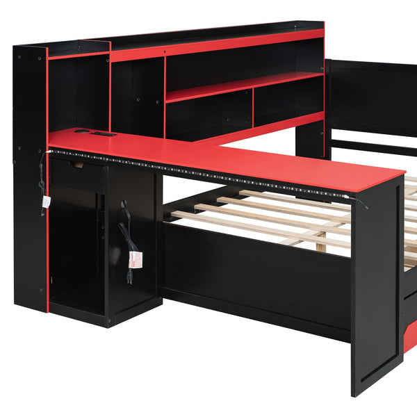 English Elm Full Size Gaming Bed Frame with Desk Led Lights Storage Drawers and Charging Station Black+Red LP000289AAJ