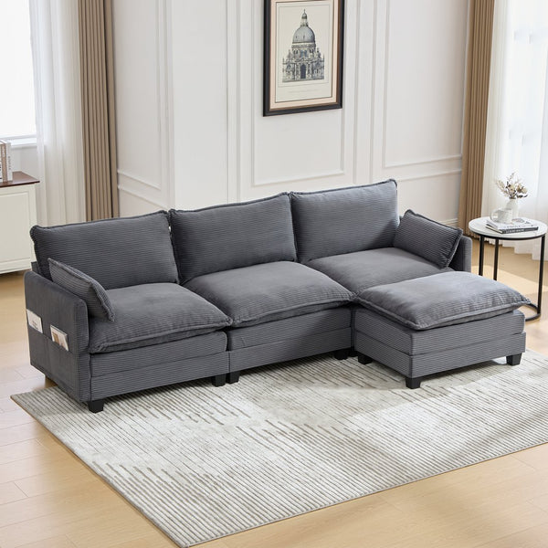 English Elm United We Win Modular Corduroy Sectional with Ottoman Low Profile Living Room Couch Gray W1568S00255