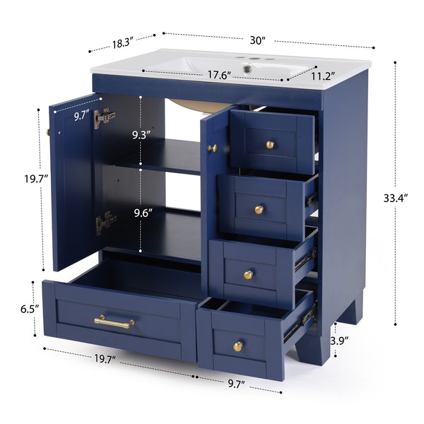 English Elm 30" Vanity with Ceramic Sink and Solid Wood Frame, Soft-Close Drawers, Compact Coastal Style, Durable Construction Blue W2896P344081