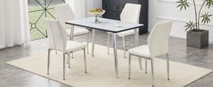English Elm Table and Chair Set Marble Glass Top Silver Legs White Pu Seating for Modern Dining W1151S04646