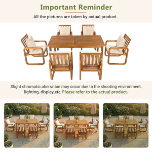 English Elm Outdoor Acacia Wood Dining Set Seats Six with Cushioned Armrest Chairs for Patio Natural Wood+Brown N719Z000200D