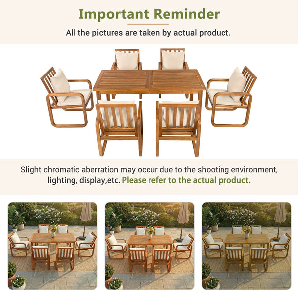 English Elm Outdoor Acacia Wood Dining Set Seats Six with Cushioned Armrest Chairs for Patio Natural Wood+Brown N719Z000200D