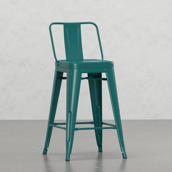 English Elm Keeley 24in Metal and Solid Elm Wood Counter Stools Set of 4 — Curved Backs, Footrests, Durable Finish Teal Blue B2732P253608