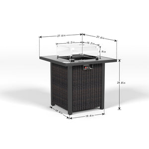 English Elm 28 28 Inch Propane Fire Pit Table with 50,000 BTU Stainless Burner, Rattan Look, Tempered Glass Top & Windscreen Brown W861P211923
