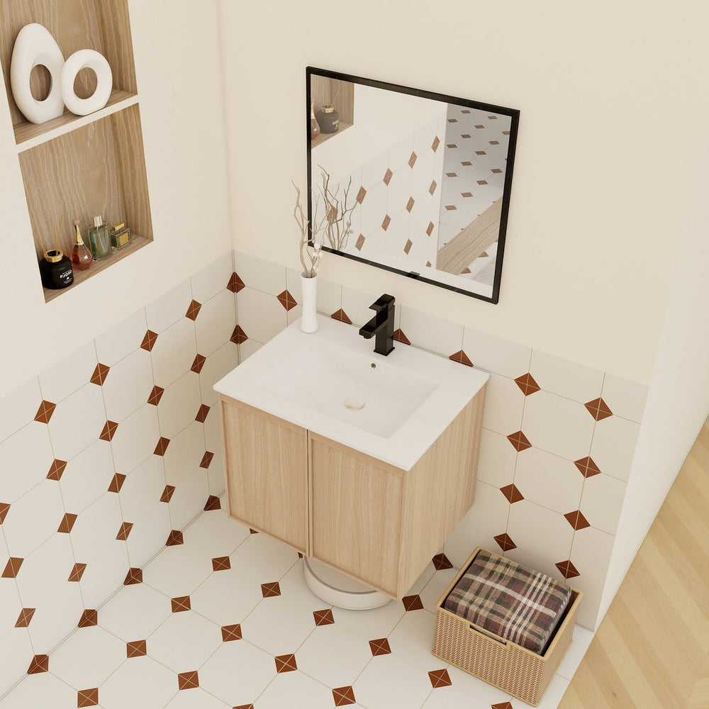 English Elm 24" Wall Mounted Bathroom Vanity Dark Oak Open Shelf Ceramic Sink Soft Close Door W3450P435843