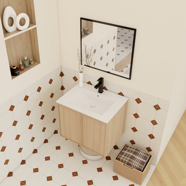 English Elm 24" Wall Mounted Bathroom Vanity Dark Oak Open Shelf Ceramic Sink Soft Close Door W3450P435843