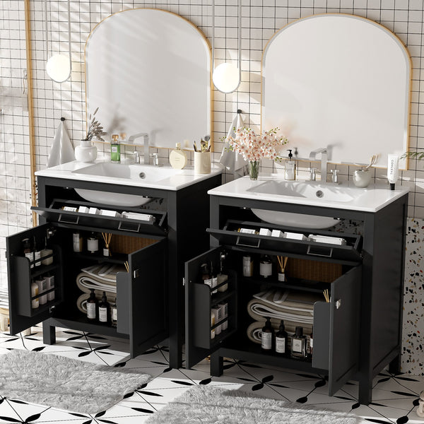 English Elm 60" Modern Bathroom Vanity Set with Double Ceramic Sinks, Soft-Close Doors, Flip Drawer & Storage Black N729P000002B