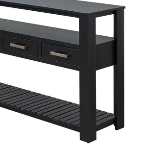English Elm U_style Wide Entryway Console Table with Four Drawers and Open Shelving Storage N711P234484B