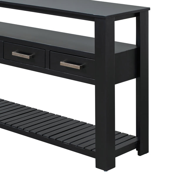 English Elm U_style Wide Entryway Console Table with Four Drawers and Open Shelving Storage N711P234484B