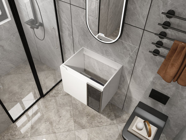 English Elm 24" Floating Bathroom Vanity Glossy White Plywood Cabinet with Grey Glass Doors W999P387157