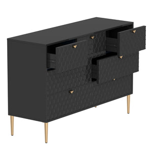 English Elm Modern 7-Drawer Storage Cabinet in Black with Gold Legs & Honeycomb Fronts – Stylish Versatile Organizer for Bedroom, Office, Entryway T3609P347457